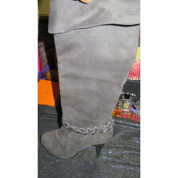 Anna Dark Grey Suede Leather Chain Embellished High Boots size 8 - Picture 2 of 5